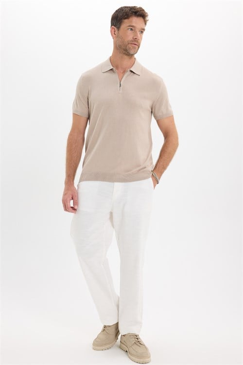 Erkek Slim Fit Dar Kesim %100 Pamuk Örme Triko Fermuarlı Füme Polo Yaka Tişört