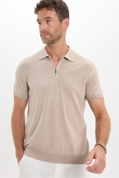 Erkek Slim Fit Dar Kesim %100 Pamuk Örme Triko Fermuarlı Füme Polo Yaka Tişört