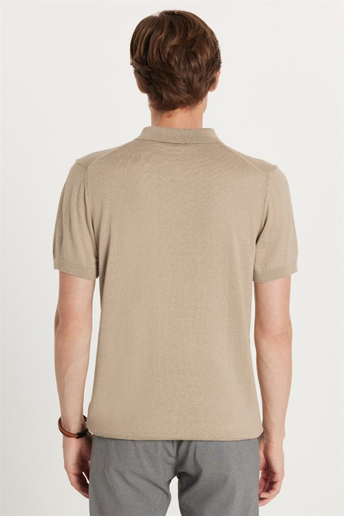 Erkek Slim Fit Dar Kesim %100 Pamuk Örme Triko Fermuarlı Füme Polo Yaka Tişört