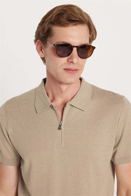 Erkek Slim Fit Dar Kesim %100 Pamuk Örme Triko Fermuarlı Füme Polo Yaka Tişört