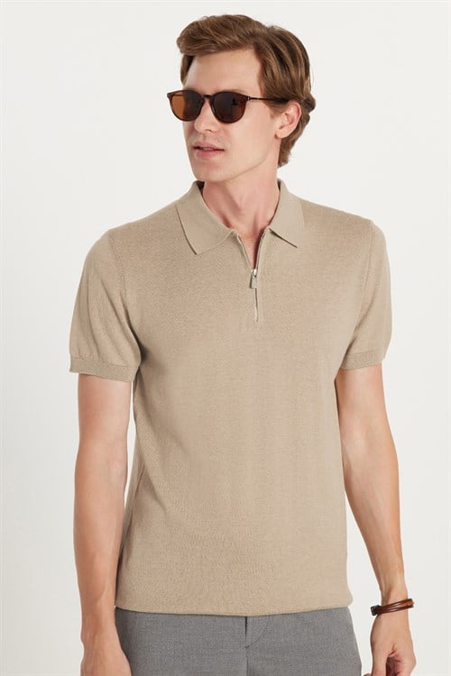 Erkek Slim Fit Dar Kesim %100 Pamuk Örme Triko Fermuarlı Füme Polo Yaka Tişört