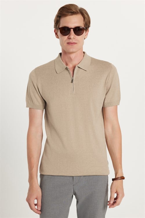 Erkek Slim Fit Dar Kesim %100 Pamuk Örme Triko Fermuarlı Füme Polo Yaka Tişört