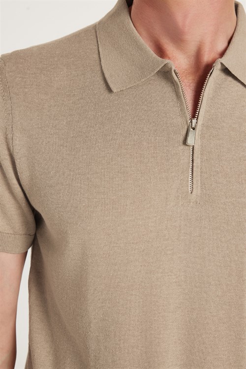 Erkek Slim Fit Dar Kesim %100 Pamuk Örme Triko Fermuarlı Füme Polo Yaka Tişört