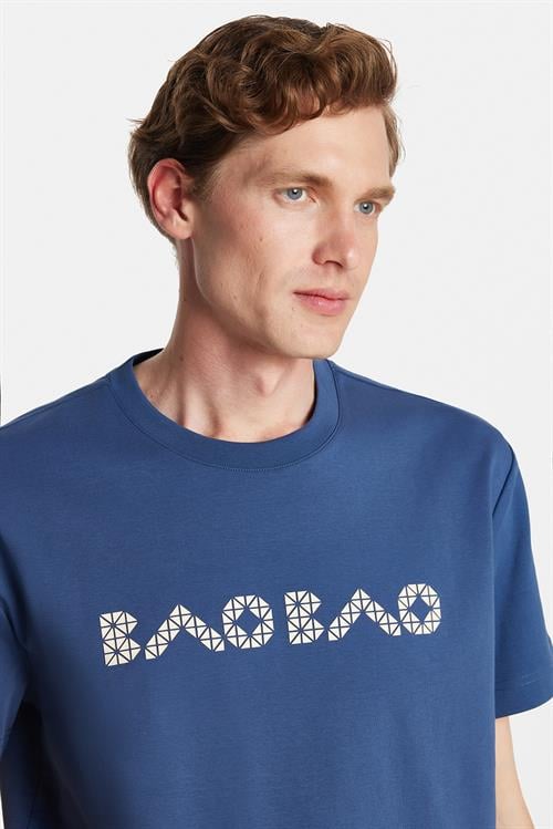 Relax Fit Rahat Kesim Pamuklu Ön ve Arka Baskı Detaylı Bisiklet Yaka İndigo Erkek Tişört