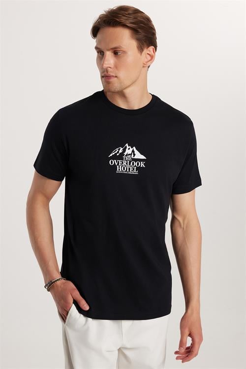 Erkek Slim Fit Dar Kesim %100 Pamuk Yumuşak Dokulu Baskılı Siyah Bisiklet Yaka Tişört