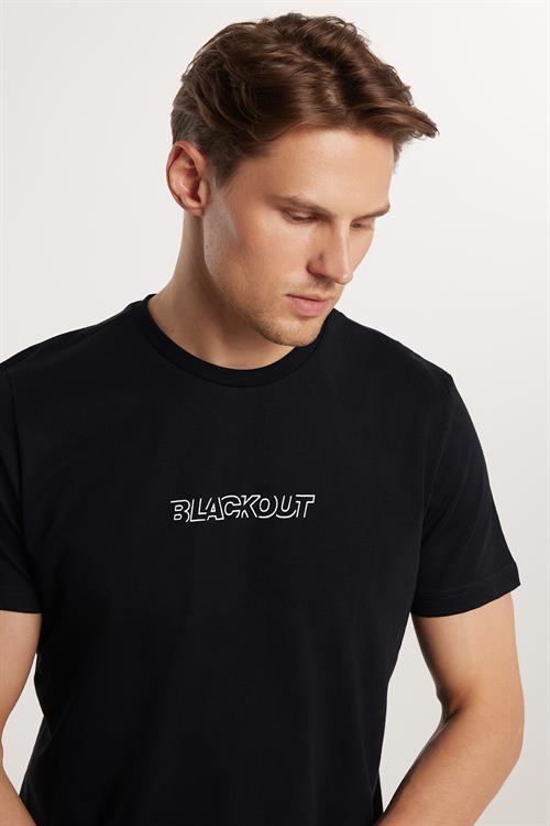 Erkek Slim Fit Dar Kesim %100 Pamuk Yumuşak Dokulu Baskılı Siyah Bisiklet Yaka Tişört