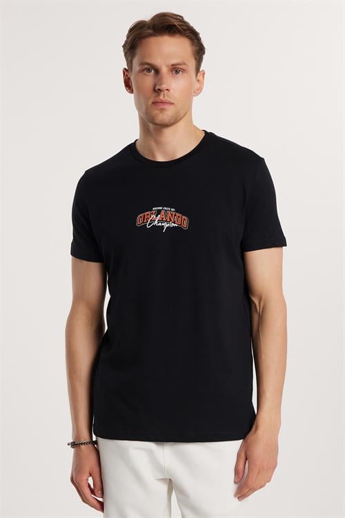 Erkek Slim Fit Dar Kesim %100 Pamuk Yumuşak Dokulu Baskılı Siyah Bisiklet Yaka Tişört