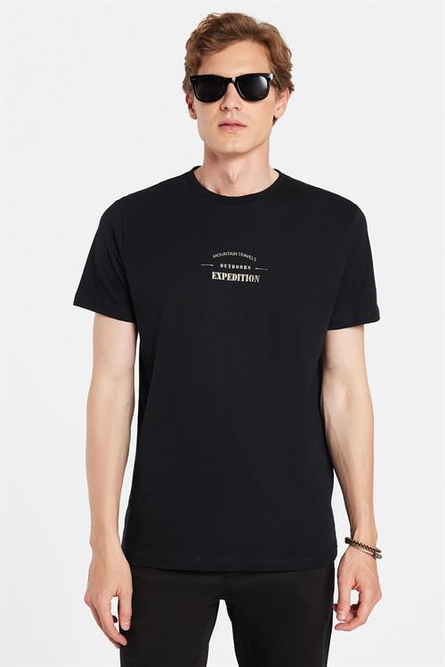 Erkek Slim Fit Dar Kesim %100 Pamuk Yumuşak Dokulu Baskılı Siyah Bisiklet Yaka Tişört
