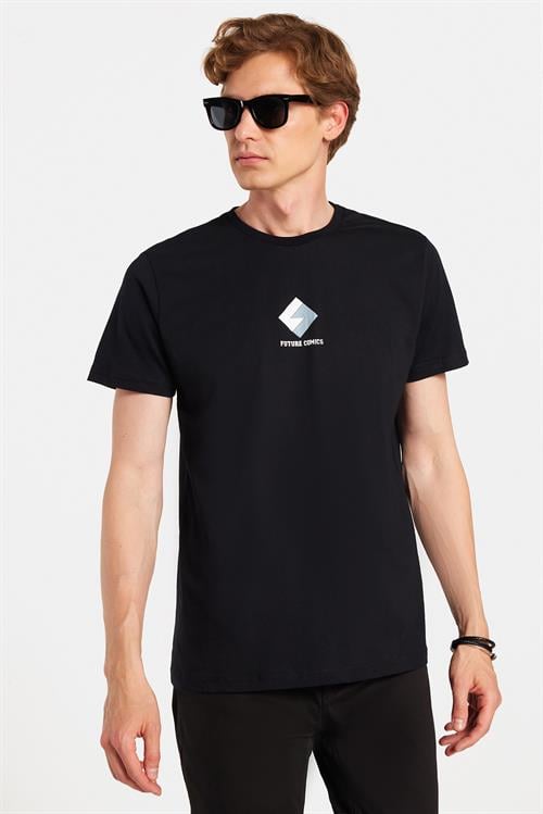 Erkek Slim Fit Dar Kesim %100 Pamuk Yumuşak Dokulu Baskılı Siyah Bisiklet Yaka Tişört