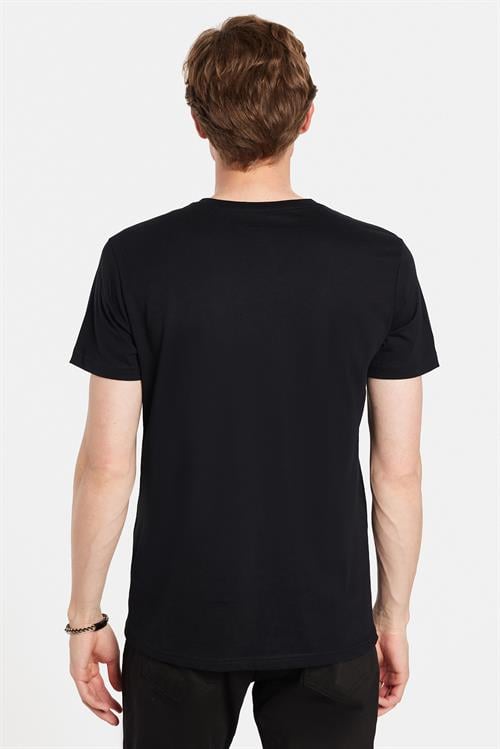 Erkek Slim Fit Dar Kesim %100 Pamuk Yumuşak Dokulu Baskılı Siyah Bisiklet Yaka Tişört