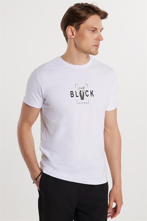 Erkek Slim Fit Dar Kesim %100 Pamuk Yumuşak Dokulu Baskılı Beyaz Bisiklet Yaka Tişört