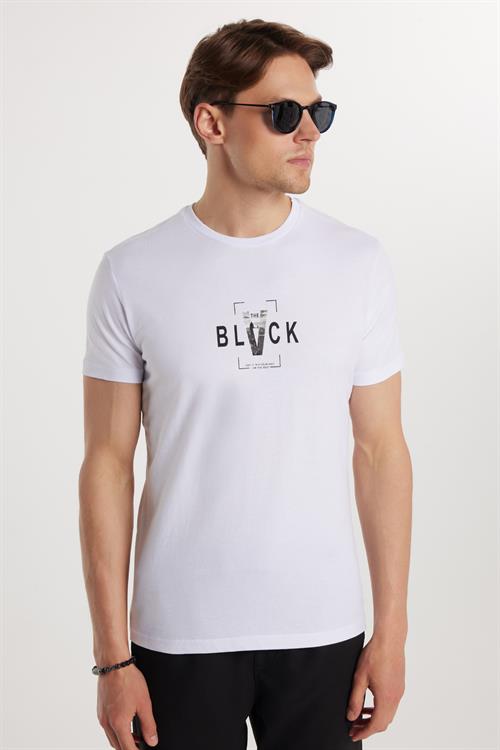 Erkek Slim Fit Dar Kesim %100 Pamuk Yumuşak Dokulu Baskılı Beyaz Bisiklet Yaka Tişört