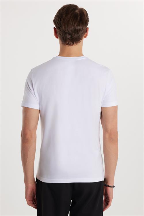 Erkek Slim Fit Dar Kesim %100 Pamuk Yumuşak Dokulu Baskılı Beyaz Bisiklet Yaka Tişört