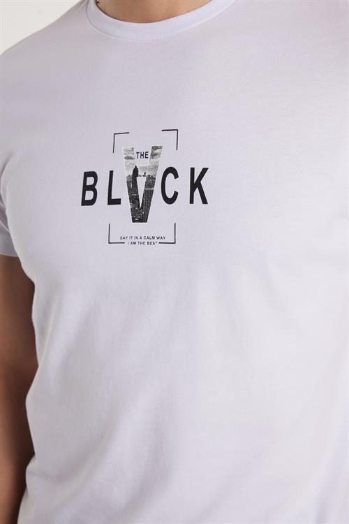 Erkek Slim Fit Dar Kesim %100 Pamuk Yumuşak Dokulu Baskılı Beyaz Bisiklet Yaka Tişört