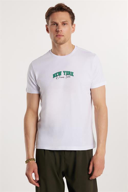 Erkek Slim Fit Dar Kesim %100 Pamuk Yumuşak Dokulu Baskılı Beyaz Bisiklet Yaka Tişört