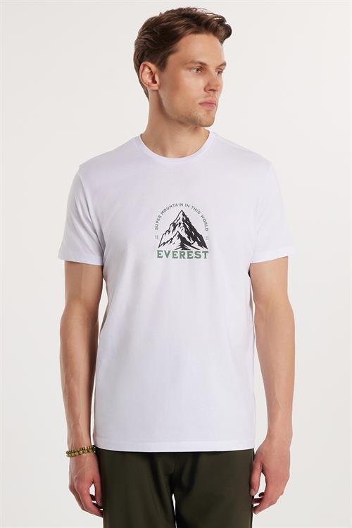 Erkek Slim Fit Dar Kesim %100 Pamuk Yumuşak Dokulu Baskılı Beyaz Bisiklet Yaka Tişört