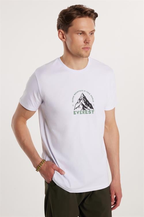Erkek Slim Fit Dar Kesim %100 Pamuk Yumuşak Dokulu Baskılı Beyaz Bisiklet Yaka Tişört