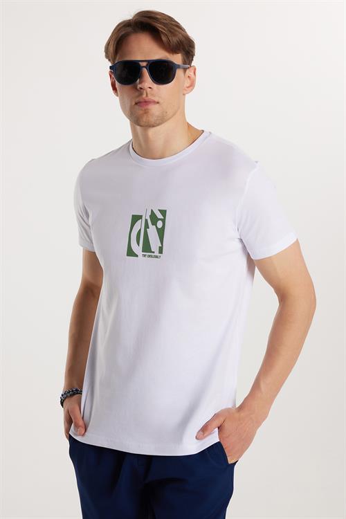 Erkek Slim Fit Dar Kesim %100 Pamuk Yumuşak Dokulu Baskılı Beyaz Bisiklet Yaka Tişört