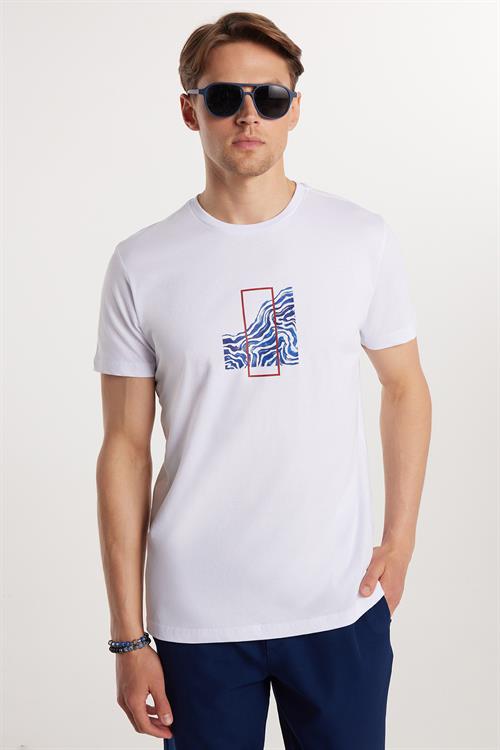  Erkek Slim Fit Dar Kesim %100 Pamuk Yumuşak Dokulu Baskılı Beyaz Bisiklet Yaka Tişört 