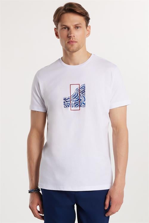  Erkek Slim Fit Dar Kesim %100 Pamuk Yumuşak Dokulu Baskılı Beyaz Bisiklet Yaka Tişört 