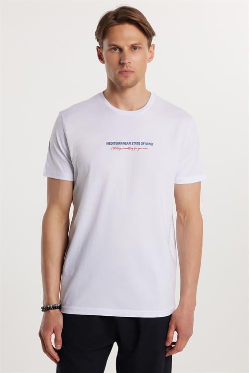  Erkek Slim Fit Dar Kesim %100 Pamuk Yumuşak Dokulu Baskılı Beyaz Bisiklet Yaka Tişört