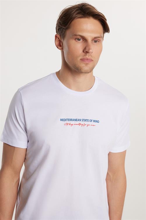  Erkek Slim Fit Dar Kesim %100 Pamuk Yumuşak Dokulu Baskılı Beyaz Bisiklet Yaka Tişört
