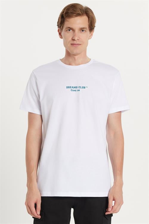 Erkek Slim Fit Dar Kesim %100 Pamuk Yumuşak Dokulu Baskılı Beyaz Bisiklet Yaka Tişört
