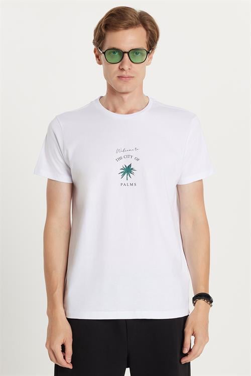 Erkek Slim Fit Dar Kesim %100 Pamuk Yumuşak Dokulu Baskılı Beyaz Bisiklet Yaka Tişört