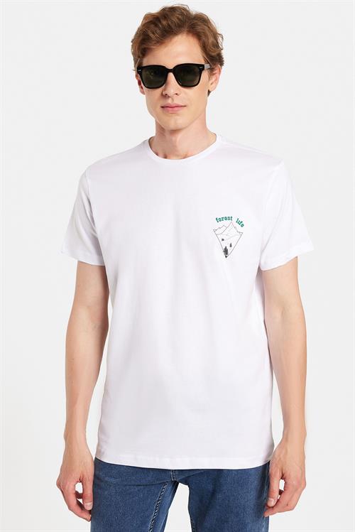Erkek Slim Fit Dar Kesim %100 Pamuk Yumuşak Dokulu Baskılı Beyaz Bisiklet Yaka Tişört