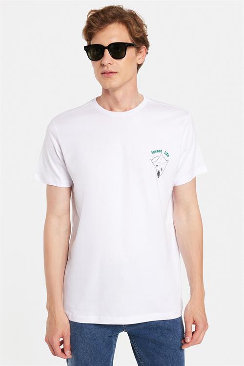 Erkek Slim Fit Dar Kesim %100 Pamuk Yumuşak Dokulu Baskılı Beyaz Bisiklet Yaka Tişört