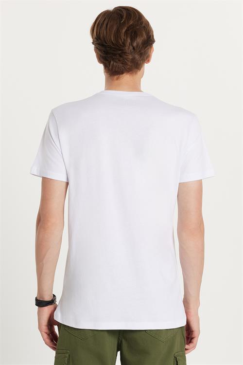 Erkek Slim Fit Dar Kesim %100 Pamuk Yumuşak Dokulu Baskılı Beyaz Bisiklet Yaka Tişört