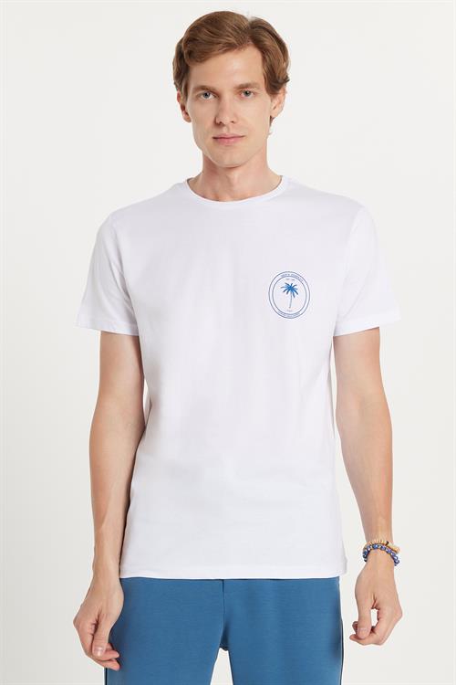 Erkek Slim Fit Dar Kesim %100 Pamuk Yumuşak Dokulu Baskılı Beyaz Bisiklet Yaka Tişört