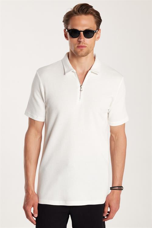 Erkek Slim Fit Dar Kesim %100 Pamuk Fermuarlı Beyaz Polo Yaka Tişört