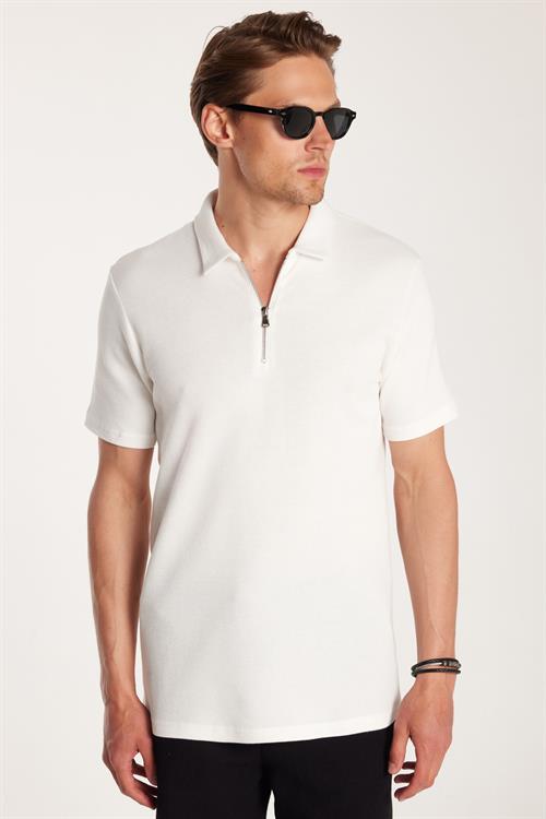 Erkek Slim Fit Dar Kesim %100 Pamuk Fermuarlı Beyaz Polo Yaka Tişört