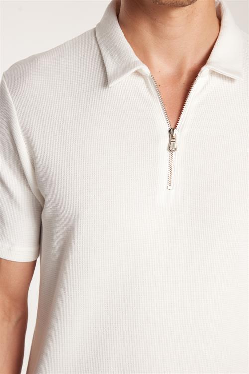 Erkek Slim Fit Dar Kesim %100 Pamuk Fermuarlı Beyaz Polo Yaka Tişört