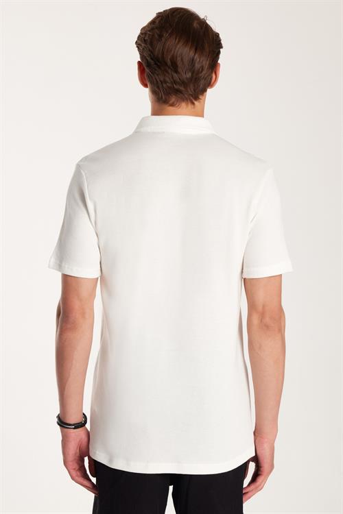 Erkek Slim Fit Dar Kesim %100 Pamuk Fermuarlı Beyaz Polo Yaka Tişört