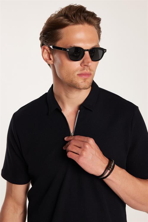 Erkek Slim Fit Dar Kesim %100 Pamuk Fermuarlı Siyah Polo Yaka Tişört