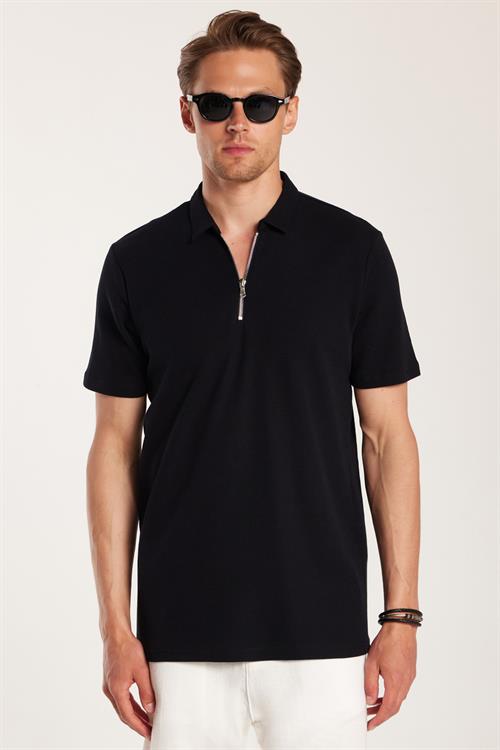 Erkek Slim Fit Dar Kesim %100 Pamuk Fermuarlı Siyah Polo Yaka Tişört
