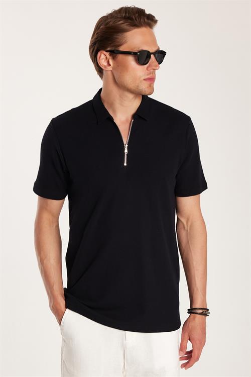 Erkek Slim Fit Dar Kesim %100 Pamuk Fermuarlı Siyah Polo Yaka Tişört