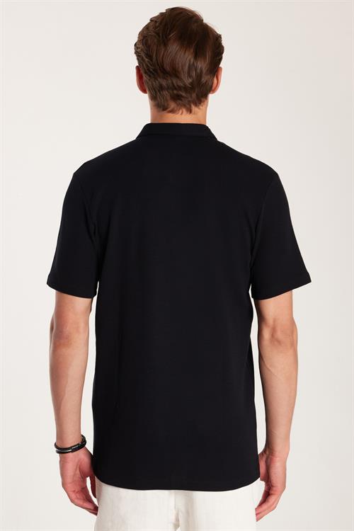 Erkek Slim Fit Dar Kesim %100 Pamuk Fermuarlı Siyah Polo Yaka Tişört