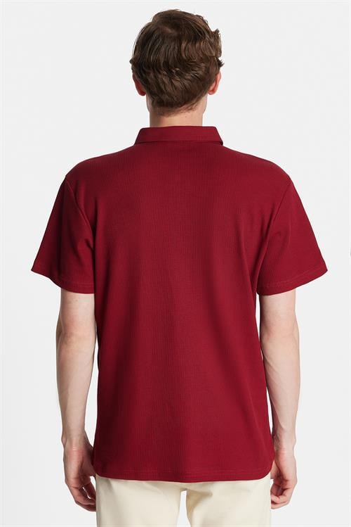 Erkek Slim Fit Dar Kesim %100 Pamuk Fermuarlı Bordo Polo Yaka Tişört