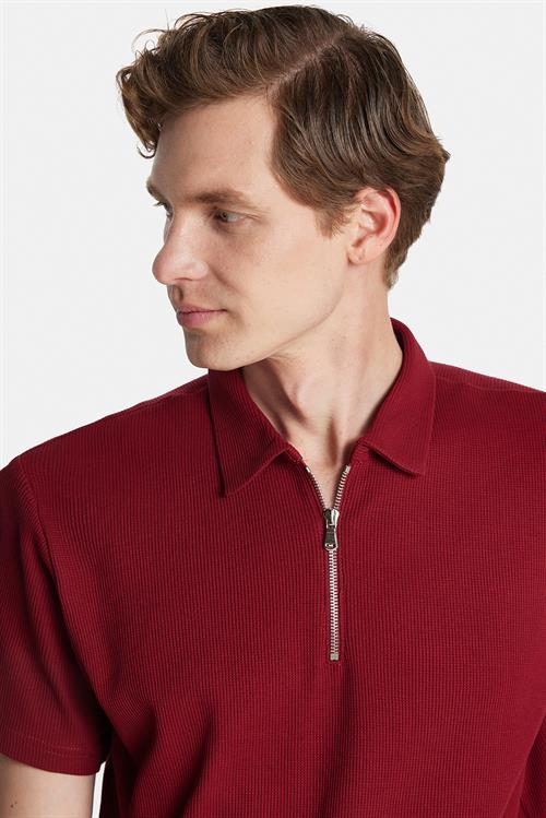 Erkek Slim Fit Dar Kesim %100 Pamuk Fermuarlı Bordo Polo Yaka Tişört