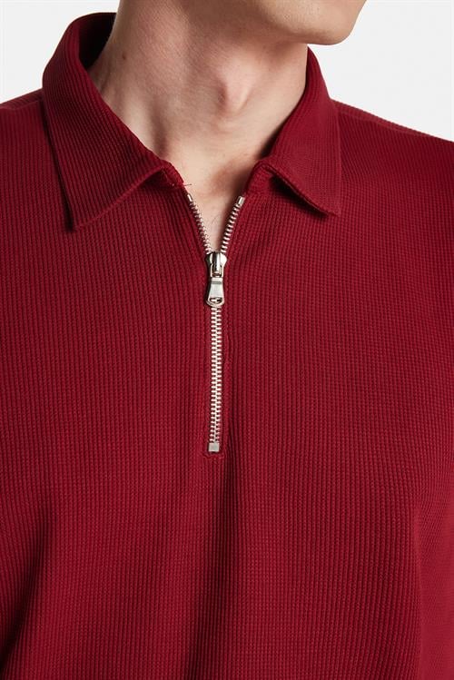 Erkek Slim Fit Dar Kesim %100 Pamuk Fermuarlı Bordo Polo Yaka Tişört