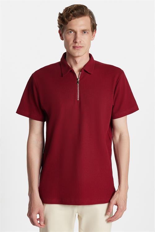 Erkek Slim Fit Dar Kesim %100 Pamuk Fermuarlı Bordo Polo Yaka Tişört