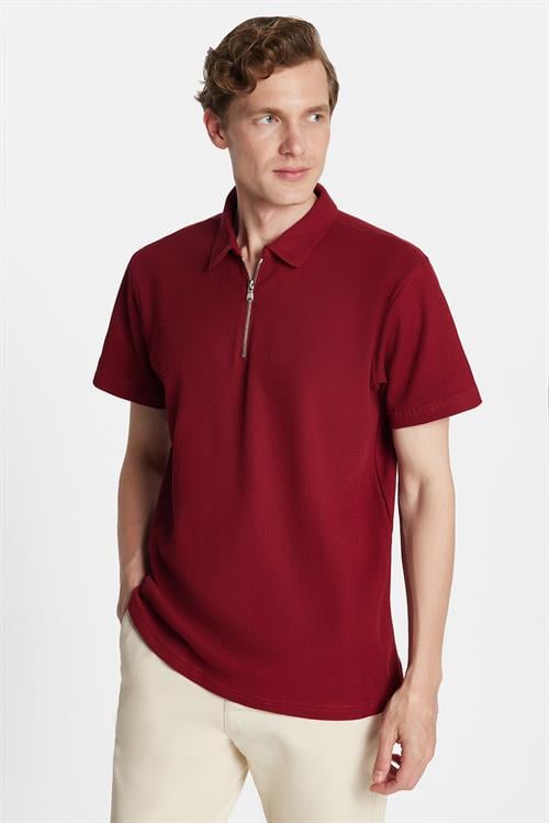 Erkek Slim Fit Dar Kesim %100 Pamuk Fermuarlı Bordo Polo Yaka Tişört