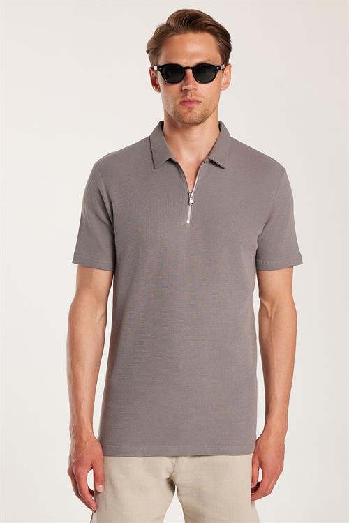 Erkek Slim Fit Dar Kesim %100 Pamuk Fermuarlı Gri Polo Yaka Tişört