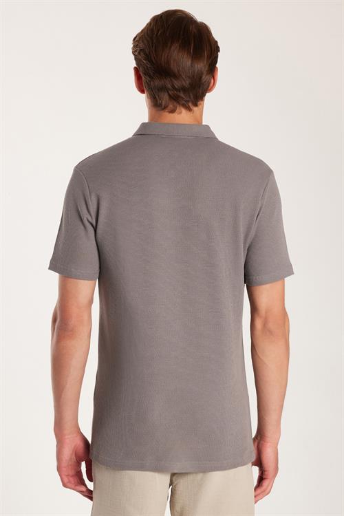 Erkek Slim Fit Dar Kesim %100 Pamuk Fermuarlı Gri Polo Yaka Tişört