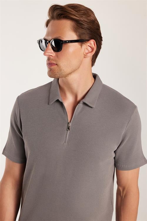 Erkek Slim Fit Dar Kesim %100 Pamuk Fermuarlı Gri Polo Yaka Tişört