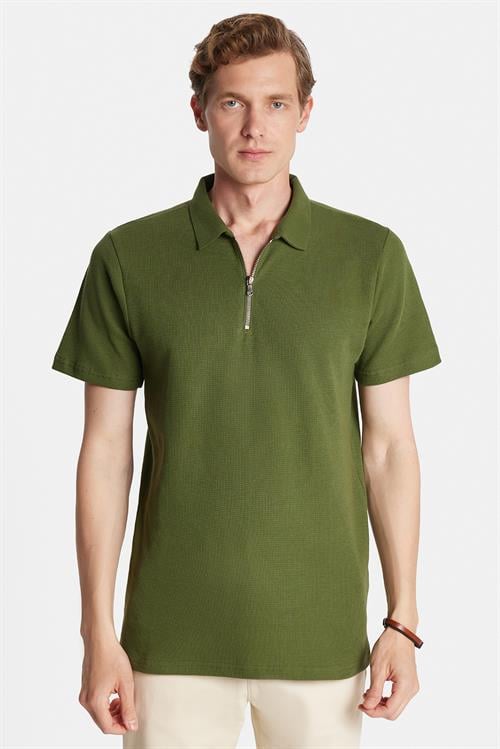 Erkek Slim Fit Dar Kesim %100 Pamuk Fermuarlı Yeşil Polo Yaka Tişört