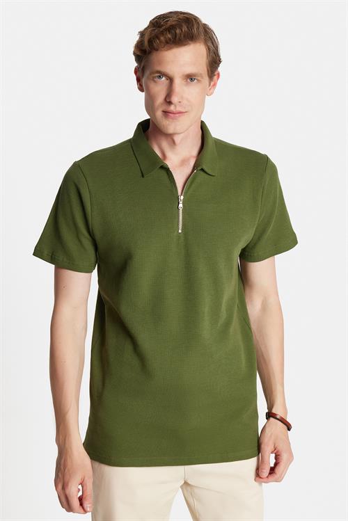 Erkek Slim Fit Dar Kesim %100 Pamuk Fermuarlı Yeşil Polo Yaka Tişört
